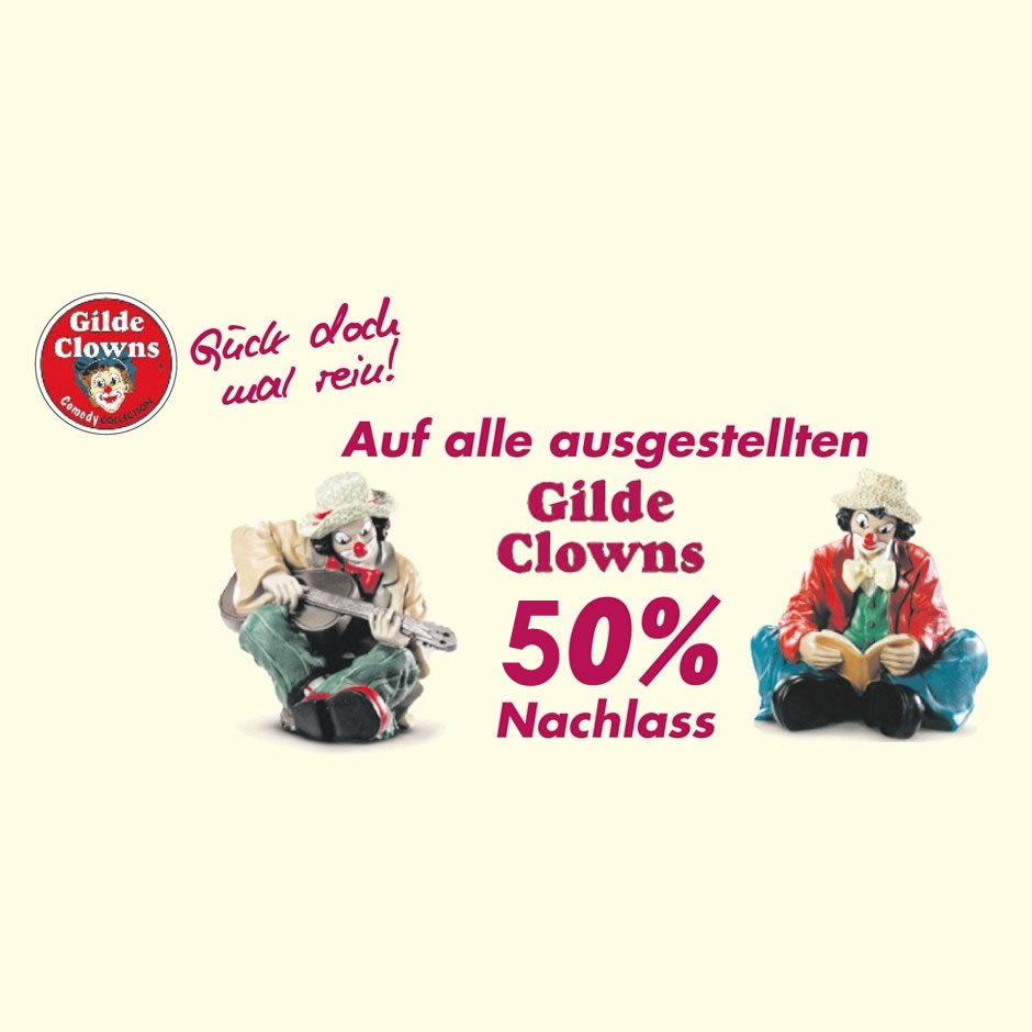 50% auf Clowns Flyer "Wir bieten Ihnen 50% Nachlass auf alle ausgestellten Gilde Clowns."